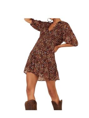 Free people Bonnie mini floral puff sleeves collared v neck dress